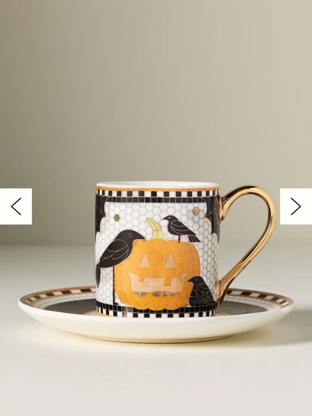 Gold-Handled Pumpkin & Crow Porcelain Demitasse Cup and Saucer - Cream and Black
